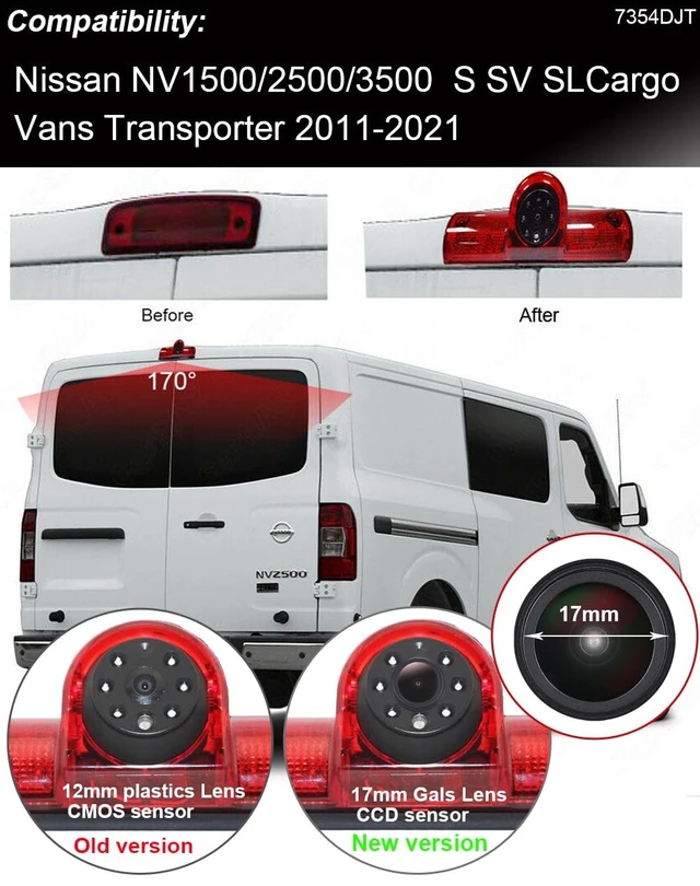 Alt view image 2 of 5 - HD Brake Light Roof Rear View Reversing Backup Camera Parking Aids System with Angle Adjustable Compatible with Nissan NV1500/2500/3500 S SV SL Cargo Vans Transporter (Camera+7'' Rearview Mirror)