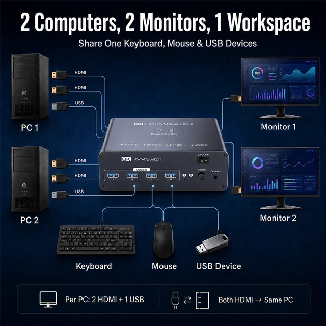 Alt view image 2 of 5 - HDMI KVM Switch 2 Monitors 2 Computers, Dual Monitor, Dual HDMI, USB 3.0