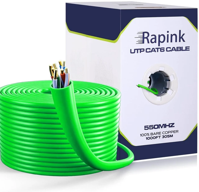 Main image of Rapink Cat6 Ethernet Cable 1000ft, Cat6 ethernet Cable 23AWG Solid Bare Copper 10G Support, UTP cat6 Cable 550MHZ, cat 6 Cable 1000ft POE Support Green