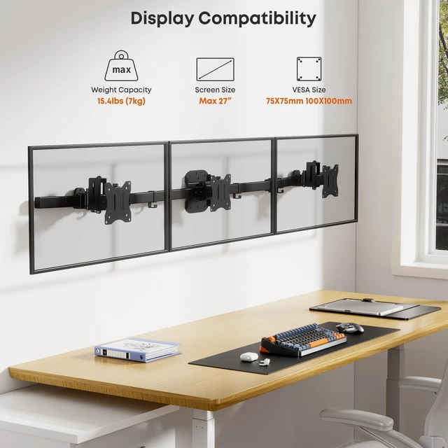 Alt view image 2 of 5 - Triple Monitor Wall-Mount for 17"-27" Screens, Full Ergonomic Adjustability