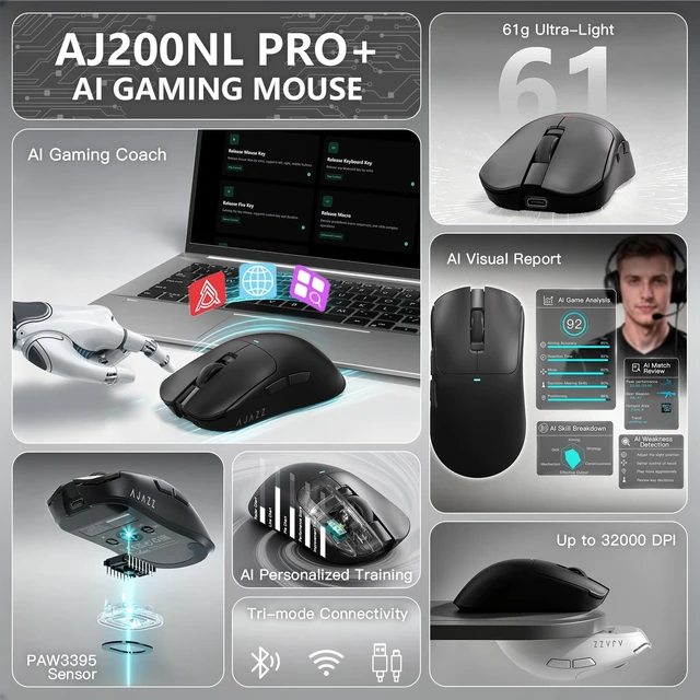 Alt view image 2 of 5 - AJAZZ AJ200NLPRO AI Gaming Mouse, Tri-Mode Bluetooth/2.4G/USB-C, PAW3395 Sensor, 32000 DPI, 8K Wired & 4K Wireless, AI Voice Assistant, AI Game Analysis, 61g Lightweight, Black