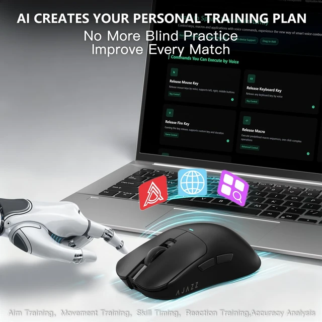 Alt view image 5 of 5 - AJAZZ AJ200NLPRO AI Gaming Mouse, Tri-Mode Bluetooth/2.4G/USB-C, PAW3395 Sensor, 32000 DPI, 8K Wired & 4K Wireless, AI Voice Assistant, AI Game Analysis, 61g Lightweight, Black