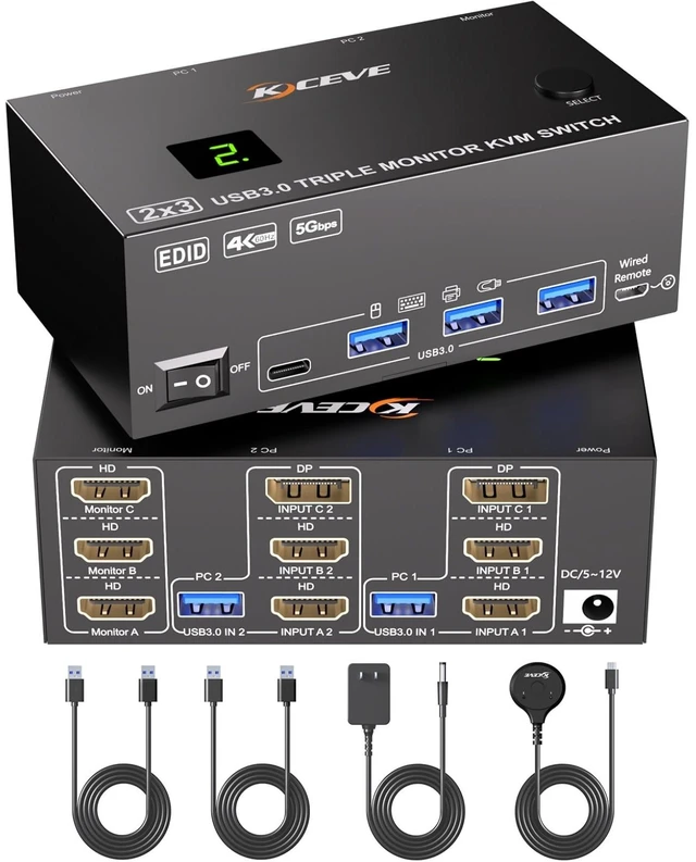 Main image of KVM Switch 3 Monitors 2 Computers EDID Simulation,4K@60Hz HDMI Displayport Triple Monitor KVM Switch, 3 Monitor KVM with 4 USB 3.0 Ports for USB Peripherals, Wired Remote and 2 USB3.0 Cables Included