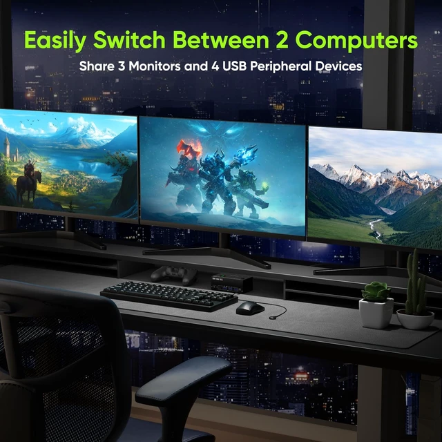 Alt view image 2 of 5 - KVM Switch 3 Monitors 2 Computers EDID Simulation,4K@60Hz HDMI Displayport Triple Monitor KVM Switch, 3 Monitor KVM with 4 USB 3.0 Ports for USB Peripherals, Wired Remote and 2 USB3.0 Cables Included