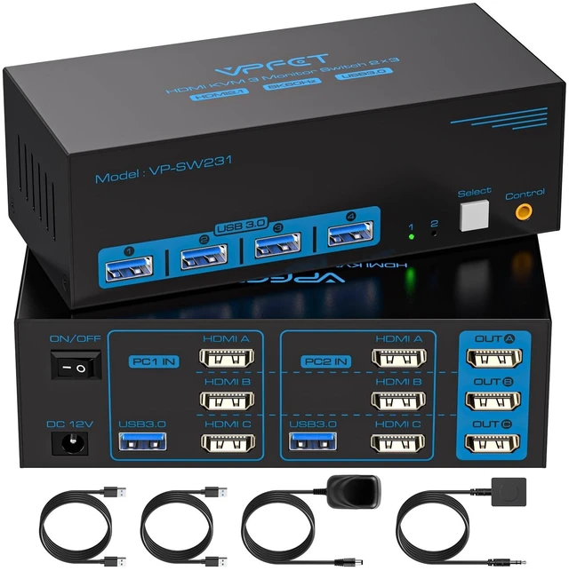 Main image of 8K@60Hz HDMI KVM Switch 3 Monitors 2 Computers 4K@120Hz USB 3.0 KVM Switches for 2 PC Share Triple Monitor and 4 USB Ports Supports Extended&Copy Mode.Wired Controller DC 12V/1A Adapter Included
