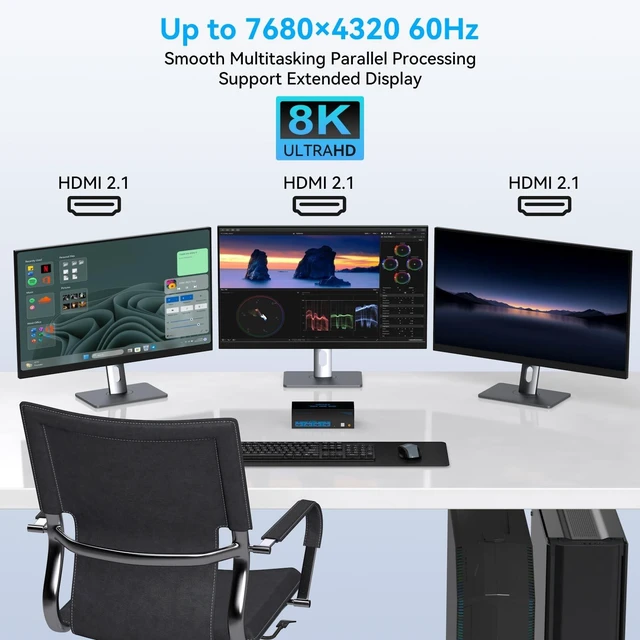 Alt view image 3 of 5 - 8K@60Hz HDMI KVM Switch 3 Monitors 2 Computers 4K@120Hz USB 3.0 KVM Switches for 2 PC Share Triple Monitor and 4 USB Ports Supports Extended&Copy Mode.Wired Controller DC 12V/1A Adapter Included
