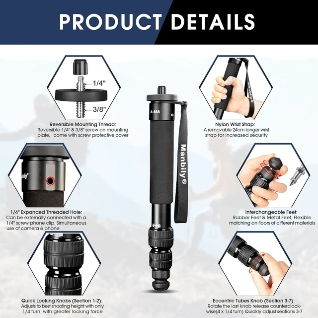 Alt view image 2 of 5 - Manbily A-888 Camera Monopod, Length 12.6 in - 61.4 in, Aluminum Monopods for Cameras 7 Sections, Compact Travel Portable Selfie Stick for DSLR Smartphone Concert Festival