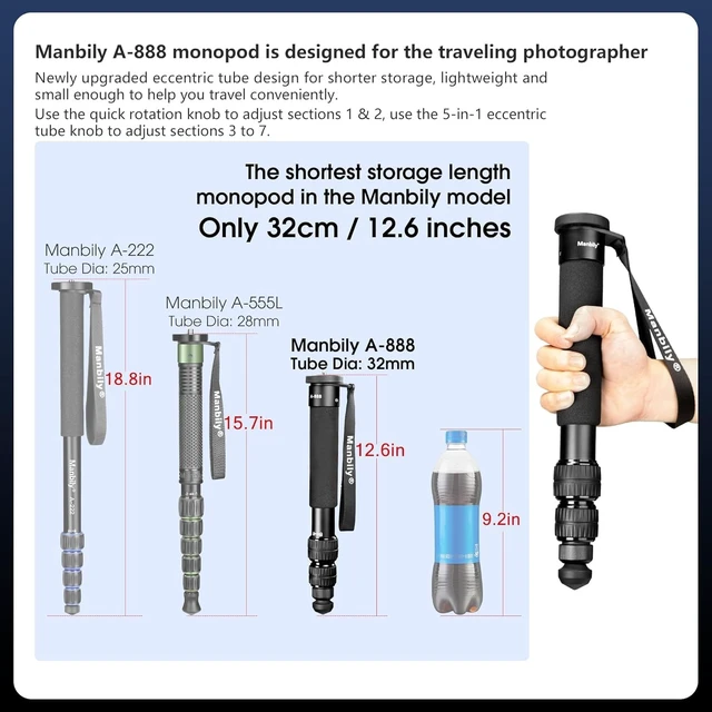 Alt view image 3 of 5 - Manbily A-888 Camera Monopod, Length 12.6 in - 61.4 in, Aluminum Monopods for Cameras 7 Sections, Compact Travel Portable Selfie Stick for DSLR Smartphone Concert Festival