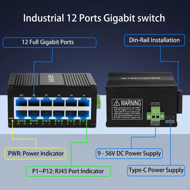 Alt view image 2 of 5 - Saokolenk 12-Port Industrial Gigabit Switch USB-C 5V9-56V DC Power Input