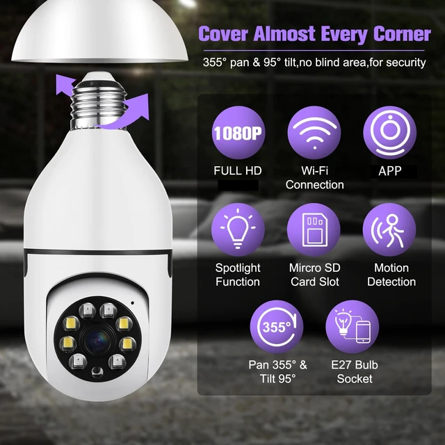 Alt view image 2 of 5 - ratolo Security Camera Indoor Wireless WiFi Outdoor Home E27 360 Degree Panoramic Home Security Cameras IP Camera Motion Detection and Alarm Two-Way Audio 2pack