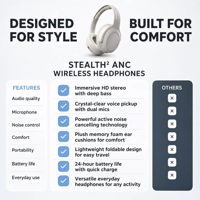 Alt view image 5 of 5 - HyperGear Foldable Over-Ear Headphones - Wireless Bluetooth Headphones with Active Noise Cancelling, HD Audio, 40mm Drivers, and Deep Bass, Bone