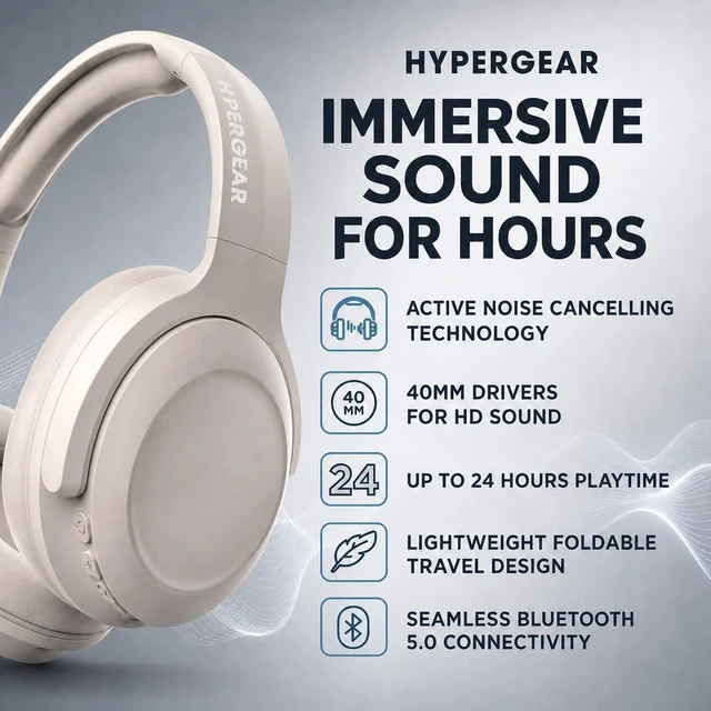 Alt view image 2 of 5 - HyperGear Foldable Over-Ear Headphones - Wireless Bluetooth Headphones with Active Noise Cancelling, HD Audio, 40mm Drivers, and Deep Bass, Bone