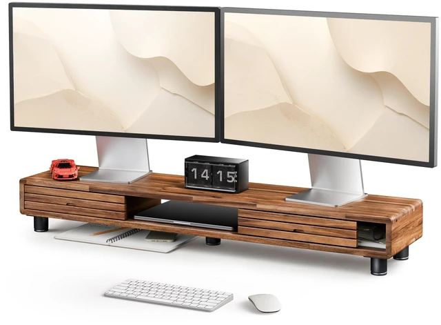 Main image of Tinamo 42.5" Dual Monitor Stand Riser with Sliding Doors Solid Acacia Wood Desk Shelf for 2 Monitors, Desktop Organizer with Storage, Ergonomic 5" Height for Computer, Laptop, Printer, TV