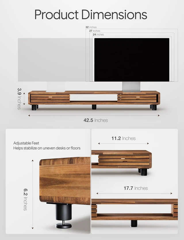 Alt view image 2 of 5 - Tinamo 42.5" Dual Monitor Stand Riser with Sliding Doors Solid Acacia Wood Desk Shelf for 2 Monitors, Desktop Organizer with Storage, Ergonomic 5" Height for Computer, Laptop, Printer, TV