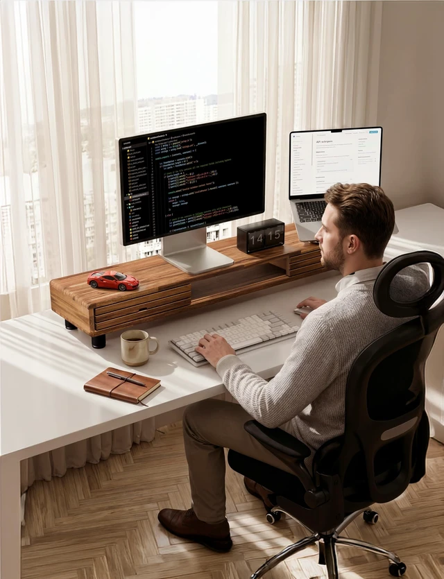 Alt view image 4 of 5 - Tinamo 42.5" Dual Monitor Stand Riser with Sliding Doors Solid Acacia Wood Desk Shelf for 2 Monitors, Desktop Organizer with Storage, Ergonomic 5" Height for Computer, Laptop, Printer, TV