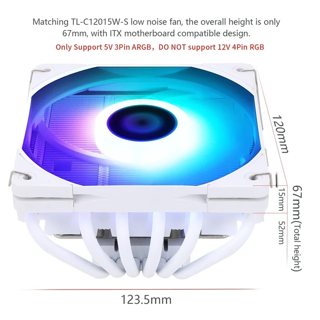 Alt view image 2 of 5 - Thermalright-TR AXP120-X67 White ARGB Low Profile CPU Air Cooler with Quite 120mm TL-C12015W-S PWM Fan, 6 Heat Pipes, 67mm Height, for AM4/AM5/Intel LGA 1700/1851/1150/1151/1155/1200/20