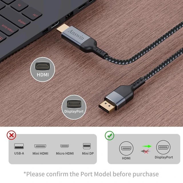 Alt view image 5 of 5 - Answin HDMI to DisplayPort 4K@60Hz Uni-Directional 6Ft HDMI to DP Cable