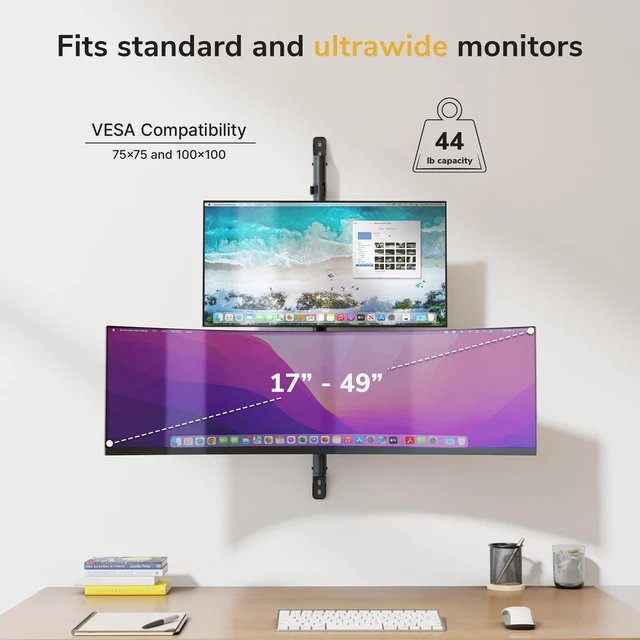 Alt view image 3 of 5 - Mount-It! Dual Stacked Monitor Wall Mount, Heavy-Duty Steel, 17-49 in 44lb
