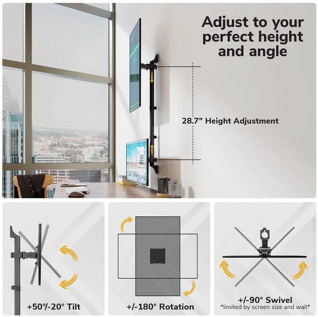 Alt view image 5 of 5 - Mount-It! Dual Stacked Monitor Wall Mount, Heavy-Duty Steel, 17-49 in 44lb