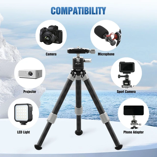 Alt view image 5 of 5 - LEOFOTO Carbon Fiber Mini Table Tripod with Ball Head for Camera, Lightweight Desktop Tripod with Base, 1/4" Arca QR Plate for Phone Adaptor/Projector, Max Height 10.43", Max Load 11LB, MT-02C Plus