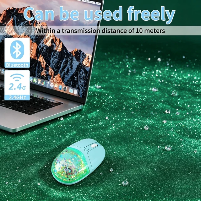 Alt view image 2 of 5 - Wireless Bluetooth Mouse-2.4G USB Dual Mode Cute Clear Aqua Glitter Liquid Sand Water Mice, 4000D-PI Portable Retro Cordless Silent Rechargeable LED Breathing Light for Laptop PC iPad Mac Gift