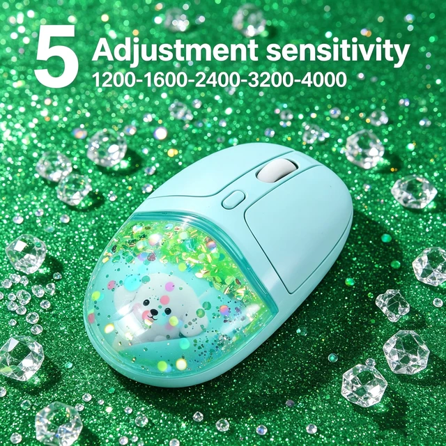 Alt view image 3 of 5 - Wireless Bluetooth Mouse-2.4G USB Dual Mode Cute Clear Aqua Glitter Liquid Sand Water Mice, 4000D-PI Portable Retro Cordless Silent Rechargeable LED Breathing Light for Laptop PC iPad Mac Gift