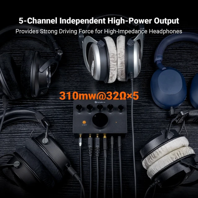 Alt view image 4 of 5 - Fosi Audio PH05 5-Channel Headphone Splitter Amplifier, Mini Headphones Amp for Music Studio, Audio Sharing, Podcast Monitor, Supports 16-300 Ohm High Impedance IEM with 12V Power Adapter