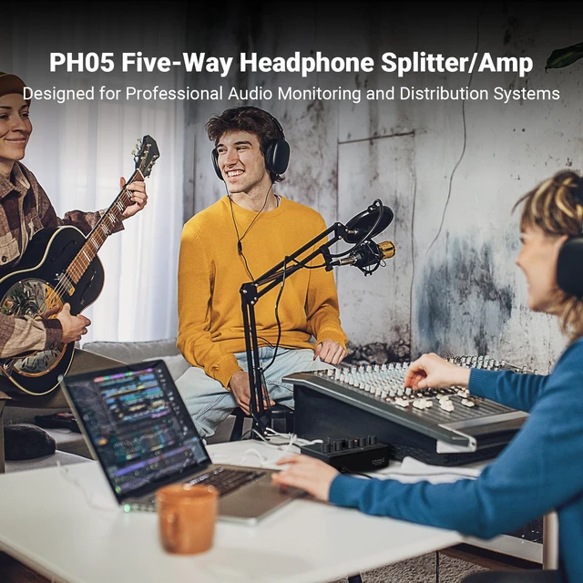 Alt view image 2 of 5 - Fosi Audio PH05 5-Channel Headphone Splitter Amplifier, Mini Headphones Amp for Music Studio, Audio Sharing, Podcast Monitor, Supports 16-300 Ohm High Impedance IEM with 12V Power Adapter