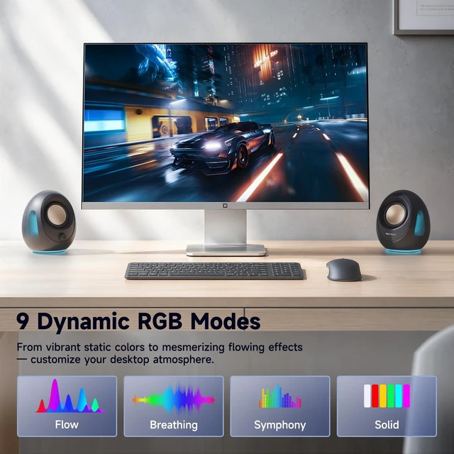 Alt view image 3 of 5 - BESTISAN Computer Speakers, 20W Peak Power Bluetooth 5.4, USB & USB-C Powered PC Speakers with 9 RGB Light Modes, Gaming Desktop Speakers, Plug & Play Stereo & Enhanced Bass for Laptop Desktop Monitor