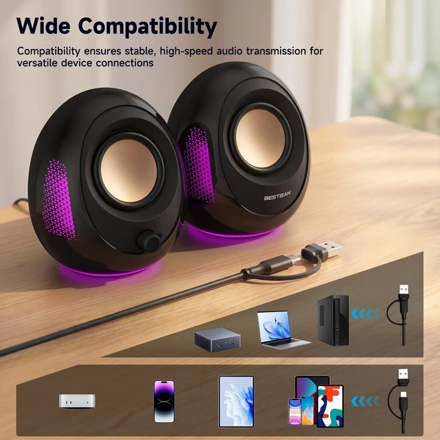 Alt view image 5 of 5 - BESTISAN Computer Speakers, 20W Peak Power Bluetooth 5.4, USB & USB-C Powered PC Speakers with 9 RGB Light Modes, Gaming Desktop Speakers, Plug & Play Stereo & Enhanced Bass for Laptop Desktop Monitor