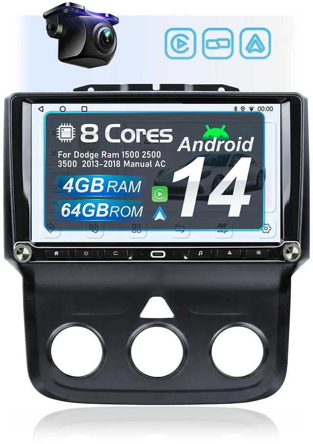 Main image of Android 14 Car Radio for Dodge Ram 1500 2500 3500 2013-2018 Manual AC, 8-Core 4GB+64GB Car Stereo Wireless CarPlay Android Auto, 9 HD Touchscreen, 1080P Backup Camera, Physical Buttons Dual Kno