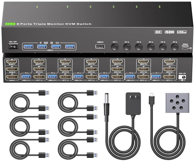 Main image of HDMI+Displayport KVM Switch 3 Monitors 6 Computers, 8K@30Hz/4K@60Hz Triple Monitor KVM Switches for 6 Computers Sharing 3 Monitors, Keyboard and Mouse,with USB Cables,Controller and Power Adapter..