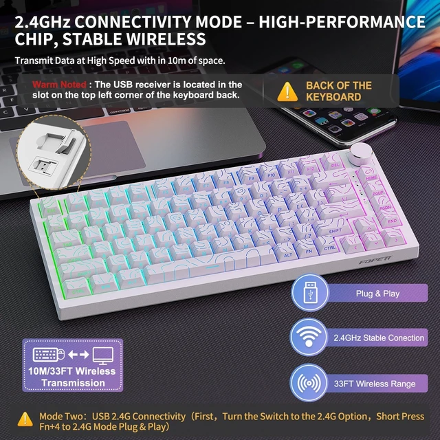 Alt view image 3 of 5 - FOPETT Wireless Mechanical Keyboard Rechargeable Adjustable Backlight Three Mode Wired /2.4G /Bluetooth Side Engraved for Laptop/Windows/PC - Contour Lines White