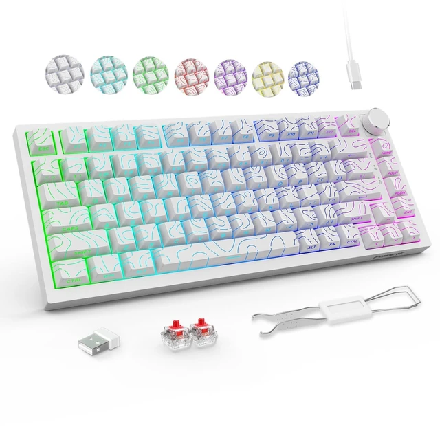 Main image of FOPETT Wireless Mechanical Keyboard Rechargeable Adjustable Backlight Three Mode Wired /2.4G /Bluetooth Side Engraved for Laptop/Windows/PC - Contour Lines White
