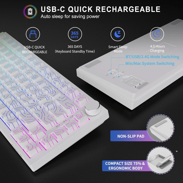 Alt view image 5 of 5 - FOPETT Wireless Mechanical Keyboard Rechargeable Adjustable Backlight Three Mode Wired /2.4G /Bluetooth Side Engraved for Laptop/Windows/PC - Contour Lines White