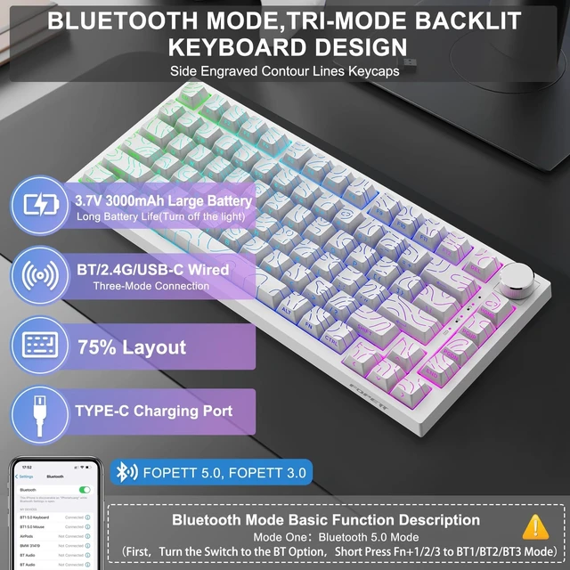 Alt view image 2 of 5 - FOPETT Wireless Mechanical Keyboard Rechargeable Adjustable Backlight Three Mode Wired /2.4G /Bluetooth Side Engraved for Laptop/Windows/PC - Contour Lines White