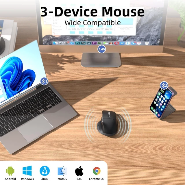 Alt view image 4 of 5 - INFINMIND Ergonomic Wireless Bluetooth Mouse with 6 Programmable Buttons(Mac/Windows), Multi-Device, Flying Scroll & Side Wheel, 5 Level DPI, Rechargeable Silent Mice for Laptop, PC, Tablet, Ma