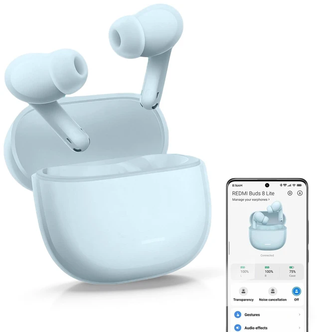 Main image of XIAOMI Redmi Buds 8 Lite True Wireless Earbuds, Bluetooth 5.4, 42dB Hybrid ANC, 8H/36H Battery, 12.4mm Driver, IP54, Dual Device, Fast Charging, 4.5g, iOS Android Compatible, Blue