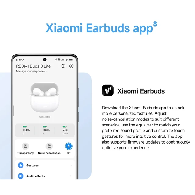 Alt view image 5 of 5 - XIAOMI Redmi Buds 8 Lite True Wireless Earbuds, Bluetooth 5.4, 42dB Hybrid ANC, 8H/36H Battery, 12.4mm Driver, IP54, Dual Device, Fast Charging, 4.5g, iOS Android Compatible, Blue