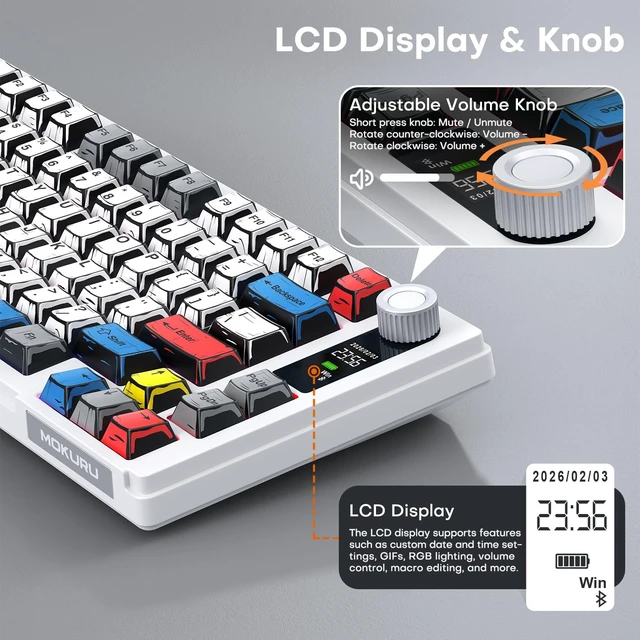 Alt view image 4 of 5 - MOKURU Wireless Mechanical Keyboard, Three Mode BT/2.4G/USB-C, RGB Switching, 75% Key Layout, Volume Adjustment knob, Hot Swappable Shaft Seat, Compatible with Windows, Mac (Comic PBT)