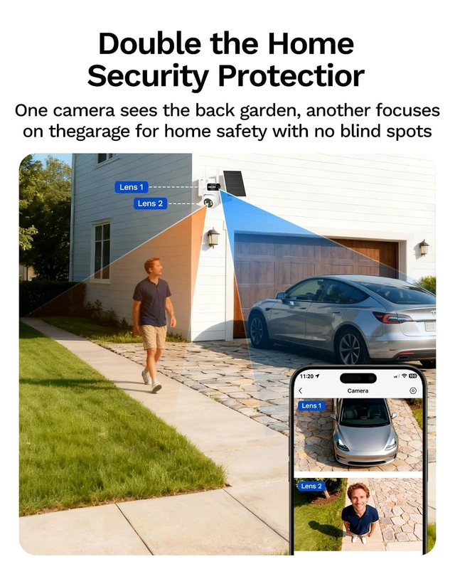 Alt view image 3 of 5 - 24/7 AOV Dual Lens Solar Security Camera Wireless Outdoor, 2K+2K WiFi 6