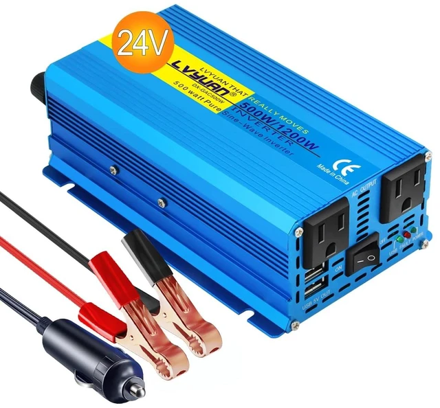 Main image of LVYUAN 500 watts 1000 (Peak) Pure Sine Wave Car Power Inverter 24V DC to 110V/120V AC Converter with 2 sockets and USB Port for Car Truck Family Solar System,RV, Truck,Road Trip