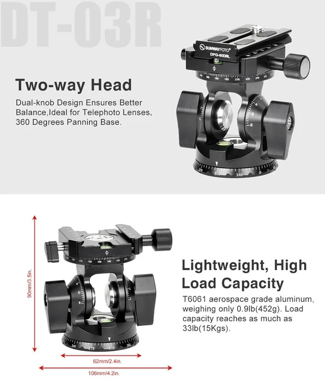 Alt view image 3 of 5 - DT-03R Tilt Head with 360 Degree Panoramic Arca Swiss Clamp for Monopod and Tripod 33lbs(15KG) Load Capacity