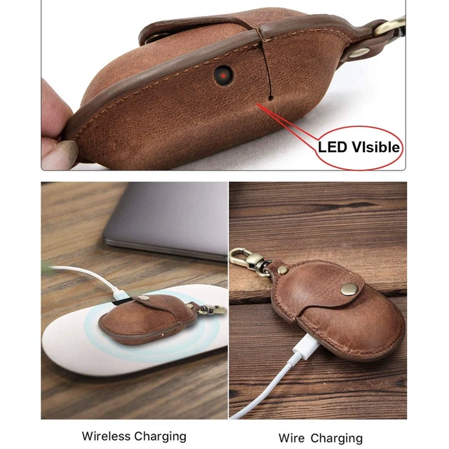 Alt view image 3 of 5 - Genuine Leather Protective Case Compatible with Samsung Galaxy Buds 2019 & Buds+ 2020, Shockproof Cover with Hook,Wireless Charging Support(Brown)