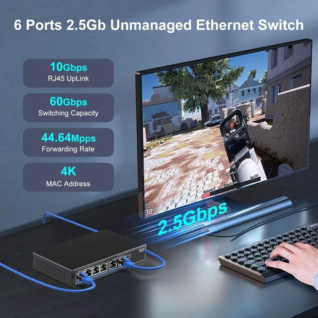 Alt view image 2 of 5 - 6-Port 10G Switch Unmanaged, 4*2.5G Base-T RJ45 Ports Switch Plug & Play