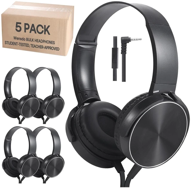 Main image of Wensdo Classroom Headphones Bulk 5 Pack with Microphone, On-Ear Wholesale Wired Kids Headphones for Students School with 3.5mm Jack for Library Home Online Learning and Travel (HY450, Black)