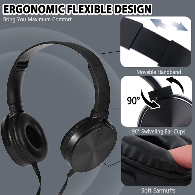 Alt view image 3 of 5 - Wensdo Classroom Headphones Bulk 5 Pack with Microphone, On-Ear Wholesale Wired Kids Headphones for Students School with 3.5mm Jack for Library Home Online Learning and Travel (HY450, Black)