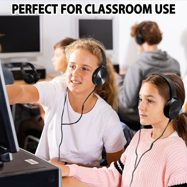 Alt view image 4 of 5 - Wensdo Classroom Headphones Bulk 5 Pack with Microphone, On-Ear Wholesale Wired Kids Headphones for Students School with 3.5mm Jack for Library Home Online Learning and Travel (HY450, Black)