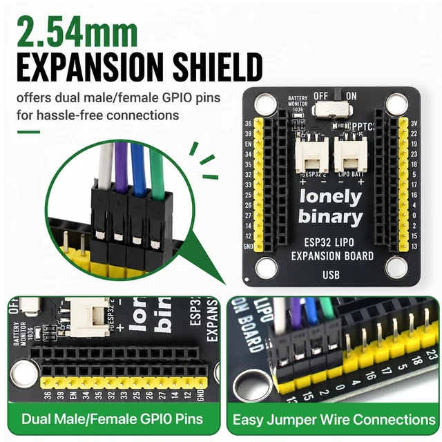 Alt view image 3 of 5 - Lonely Binary 3-Pack ESP32 Development Board, LiPo UPS Charger, 3 Shields