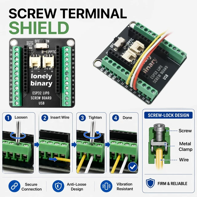 Alt view image 4 of 5 - Lonely Binary 3-Pack ESP32 Development Board, LiPo UPS Charger, 3 Shields